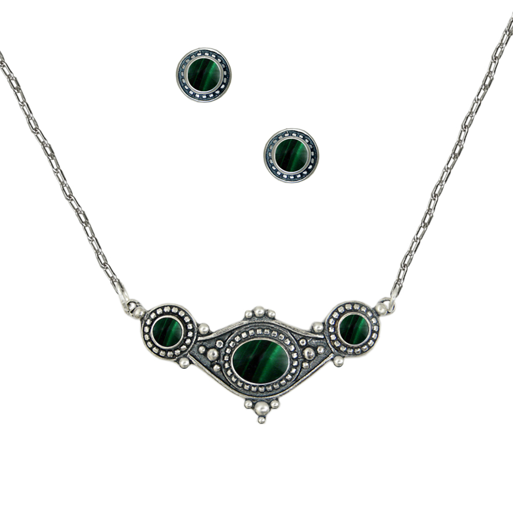 Sterling Silver Designer Necklace Earrings Set in Malachite